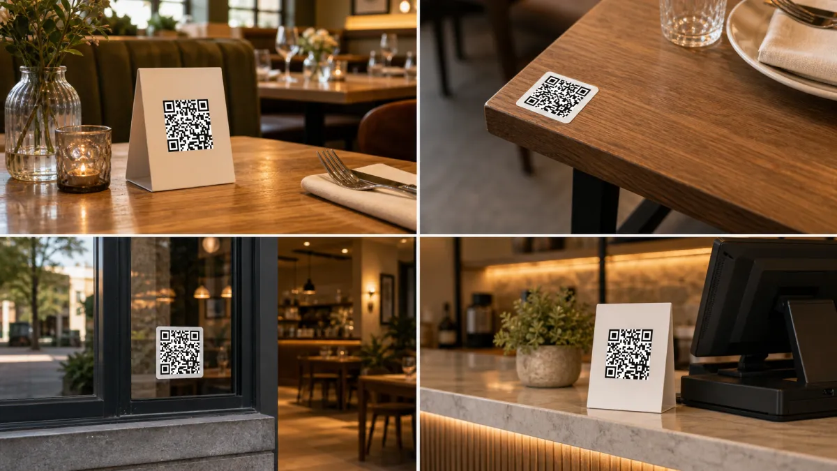 Four practical QR code placements for restaurant menus: table tent, table sticker, window decal, and counter card
